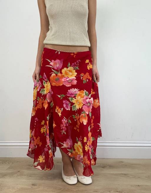 Vintage floral midi skirt in red