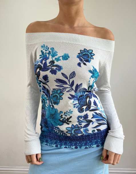 Vintage floral off the shoulder top in blue - view 1
