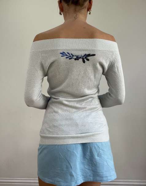 Vintage floral off the shoulder top in blue - view 2