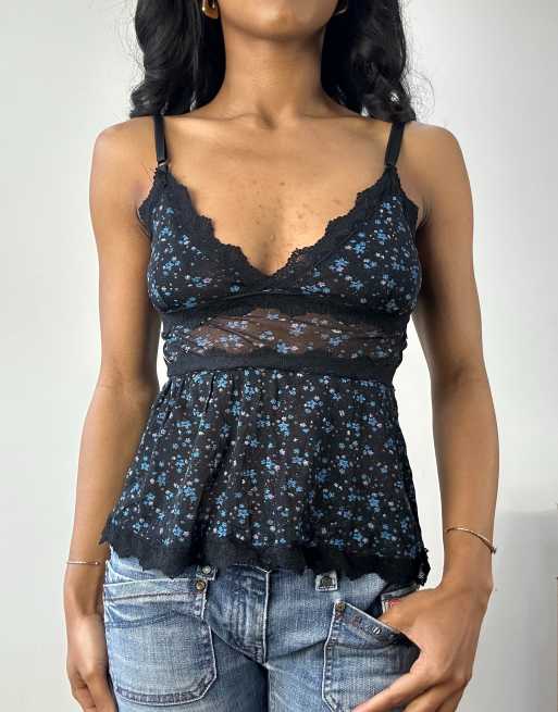 Vintage floral peplum style top in black