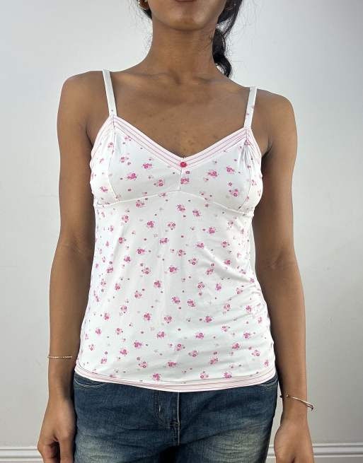 Vintage floral print cami in white and pink
