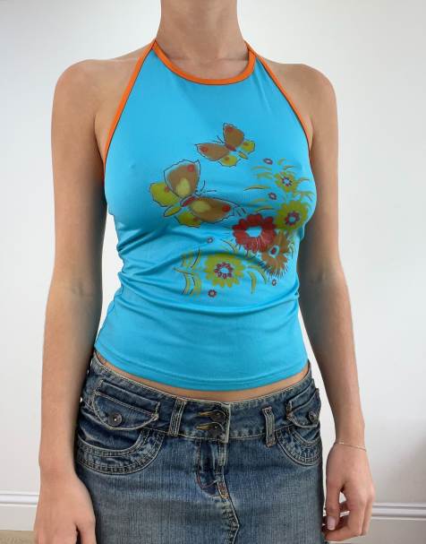 Vintage floral print halterneck top blue - view 1