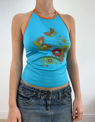 Vintage floral print halterneck top blue