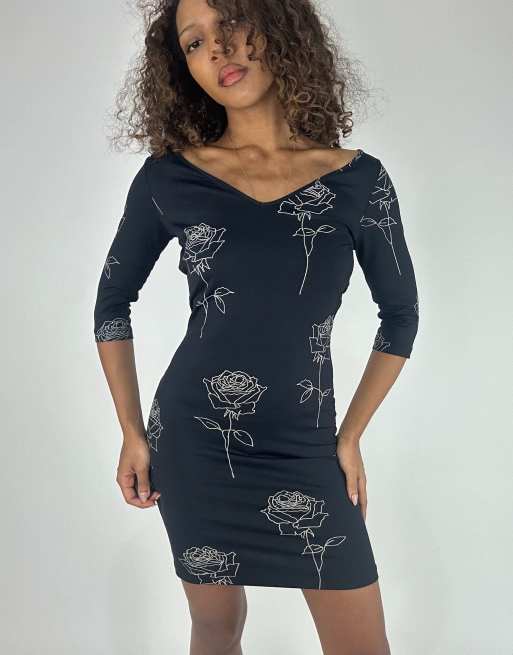 Vintage floral print midi dress in black