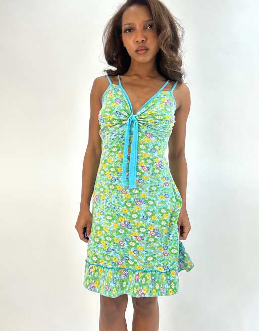 Vintage floral print mini dress in green