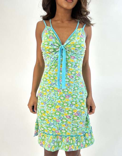 Vintage floral print mini dress in green, 3 of 4