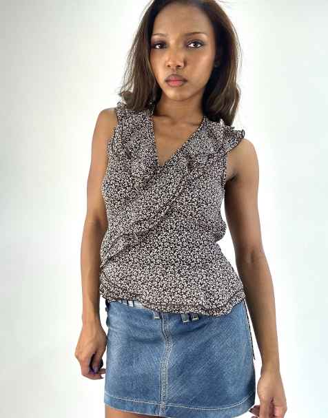 Vintage floral wrap top in brown - view 1
