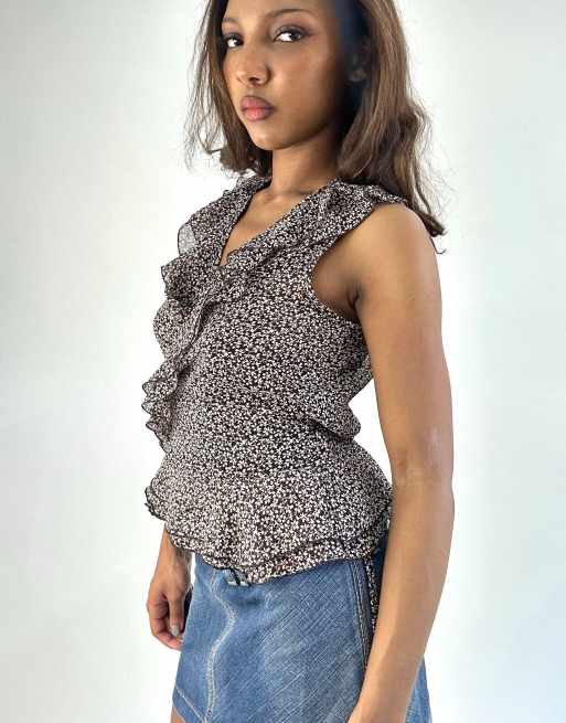 Vintage floral wrap top in brown, 4 of 4
