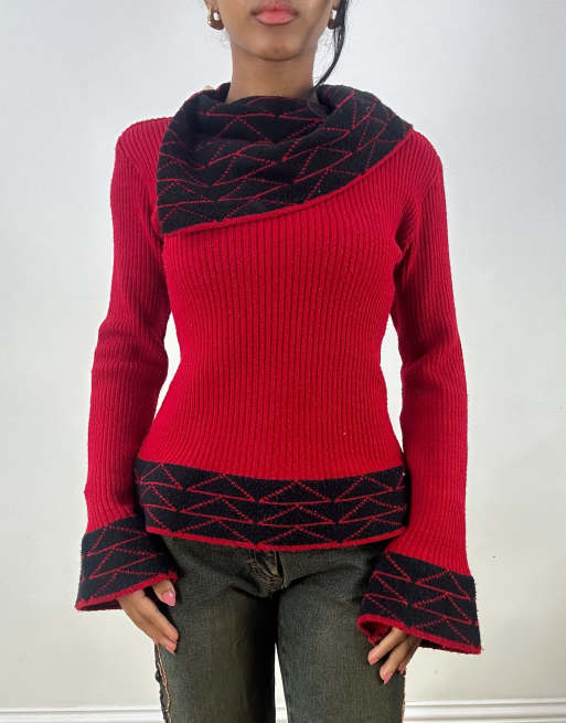 Vintage foldover neck jumper in red