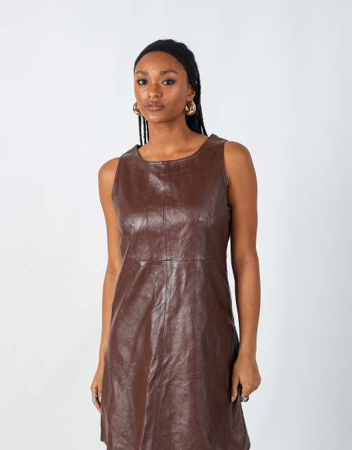 Vintage Folk Studio M leather midi dress in brown | ASOS