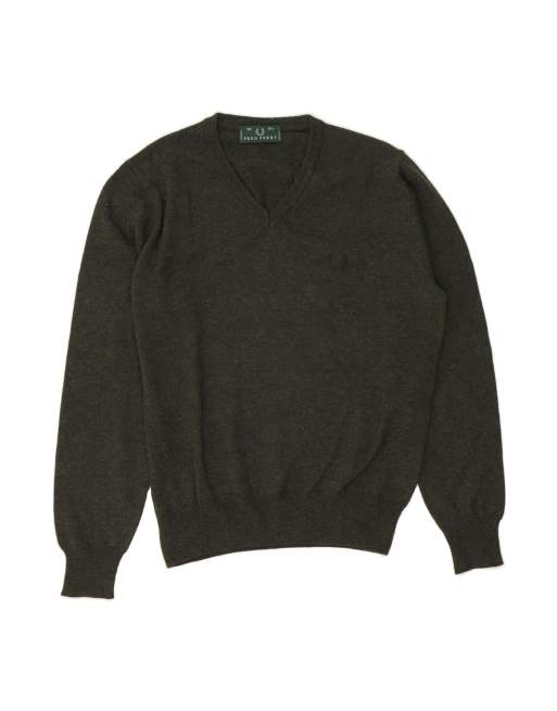 Vintage Fred Perry V-neck Jumper Sweater Small In Green Wool