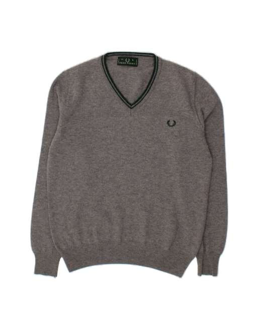 Vintage Fred Perry V-neck Jumper Sweater UK 16 Large In Grey Wool
