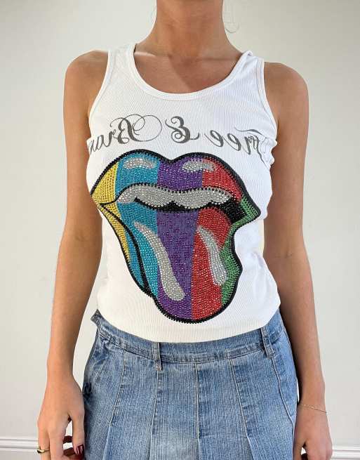Vintage 'free & brave' graphic tank top in white
