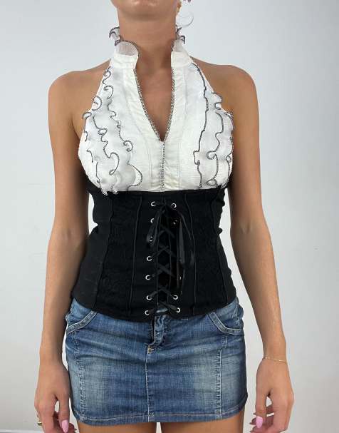 Vintage frilly halterneck top with lace up midsection in black and white - view 1