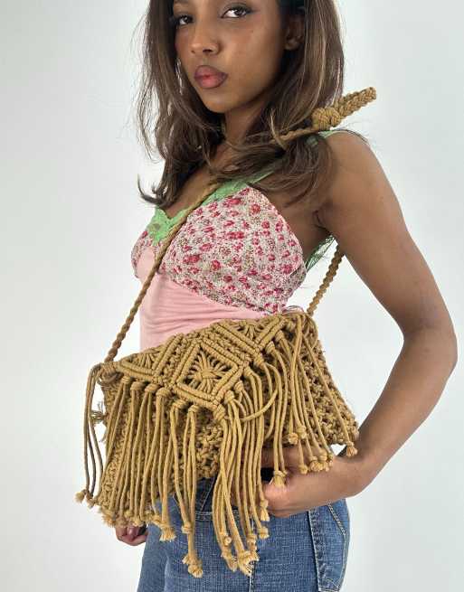 Vintage fringe crossbody bag in tan