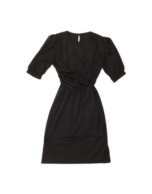 Vintage Front Tie A-line Dress UK 14 Medium In Black