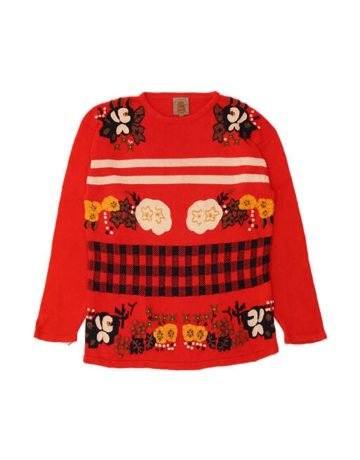 Vintage Graphic Boat Neck Jumper Sweater UK 10 Small In Red Floral