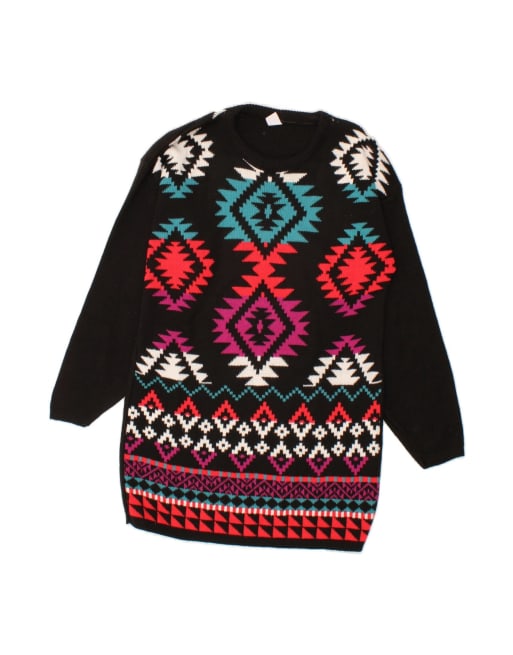 Vintage Graphic Boat Neck Jumper Sweater UK 14 Large In Black Ikat