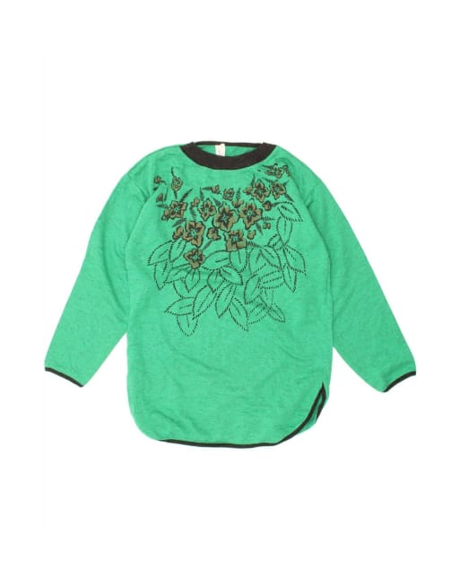 Vintage Graphic Boat Neck Jumper Sweater UK 14 Large In Green Floral