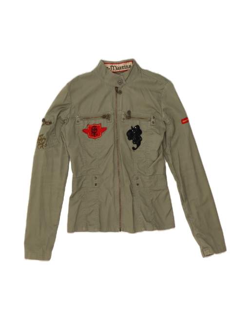 Vintage Graphic Bomber Jacket UK 10 Small In Khaki