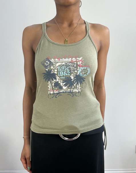 Vintage graphic cami top in khaki - view 1