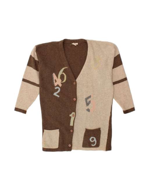 Vintage Graphic Cardigan Sweater UK 14 Medium In Brown Colourblock