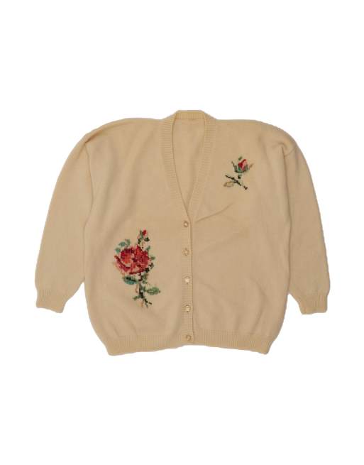 Vintage Graphic Cardigan Sweater UK 20 2XL In Off In White Floral