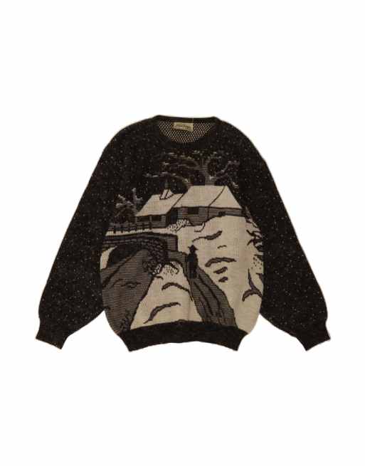 Vintage Graphic Crew Neck Jumper Sweater UK 14 Large In Black