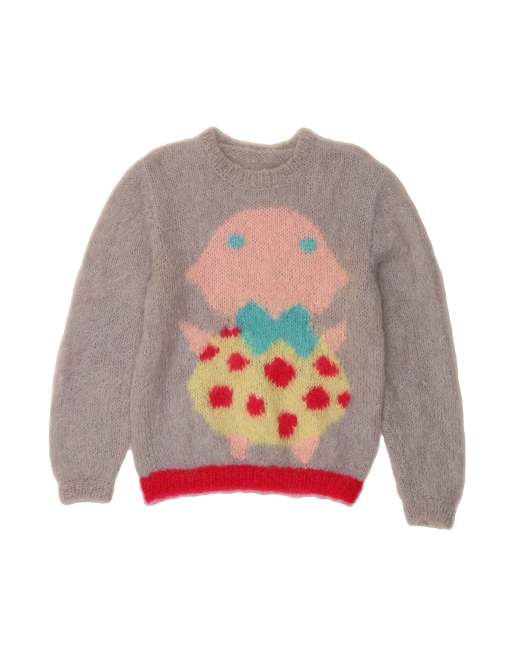 Vintage Graphic Crew Neck Jumper Sweater UK 14 Medium In Grey