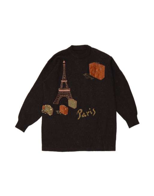 Vintage Graphic Crew Neck Jumper Sweater UK 16 Large In Black Flecked