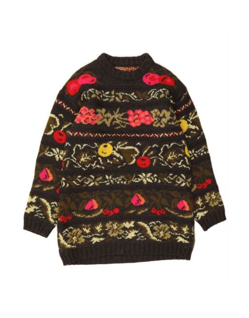 Vintage Graphic Crew Neck Jumper Sweater UK 16 Large In Grey Floral