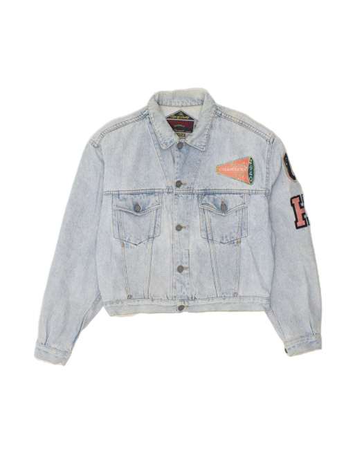 Vintage Graphic Crop Denim Jacket UK 14 Medium In Blue