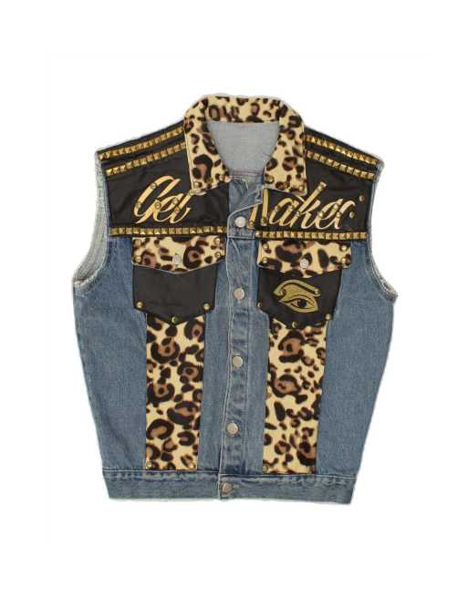 Vintage Graphic Denim Gilet UK 14 Medium In Blue Animal Print