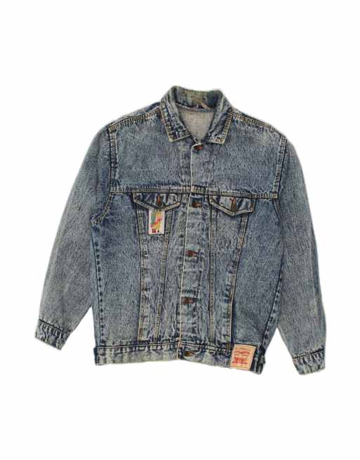 Vintage Graphic Denim Jacket UK 36 Small In Blue