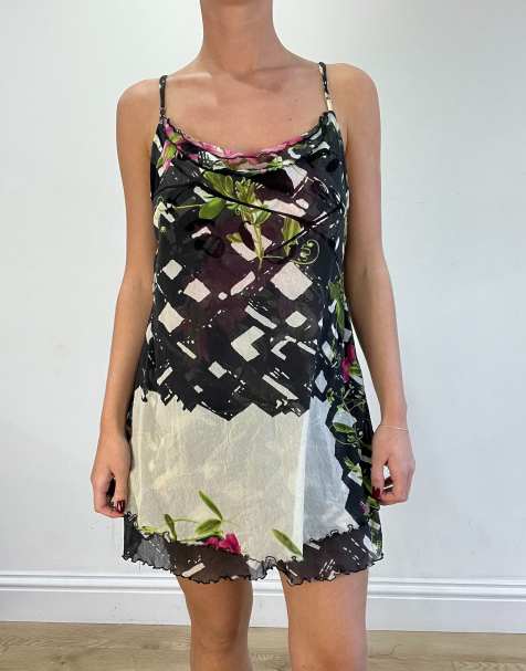 Vintage graphic floral mesh mini dress in black - view 1
