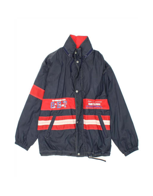 Vintage Graphic Hooded Rain Jacket UK 38 Medium In Blue Colourblock