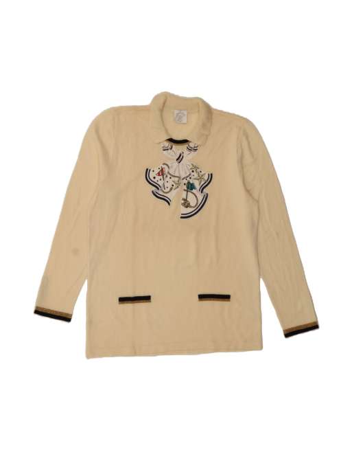 Vintage Graphic Polo Neck Jumper Sweater It 46 Large In Beige Wool