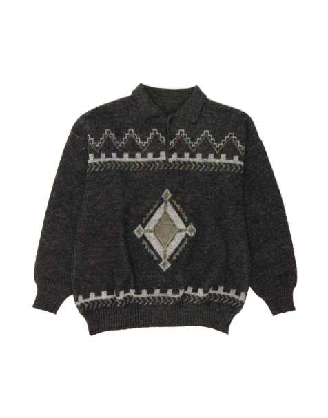 Vintage Graphic Polo Neck Jumper Sweater Large In Grey Fair Isle - view 1