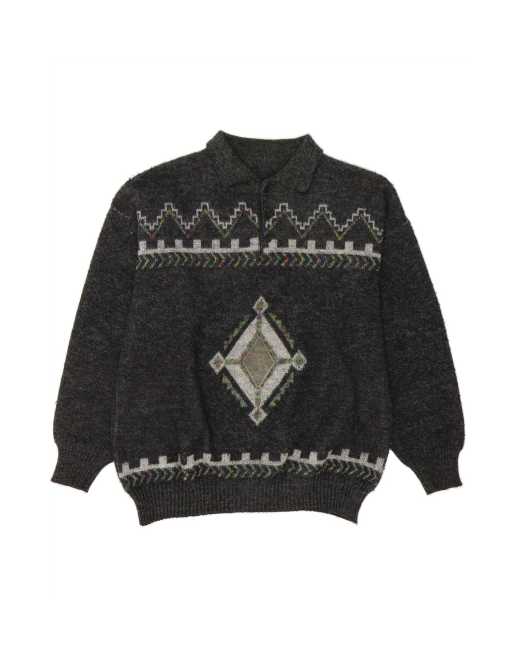 Vintage Graphic Polo Neck Jumper Sweater Large In Grey Fair Isle