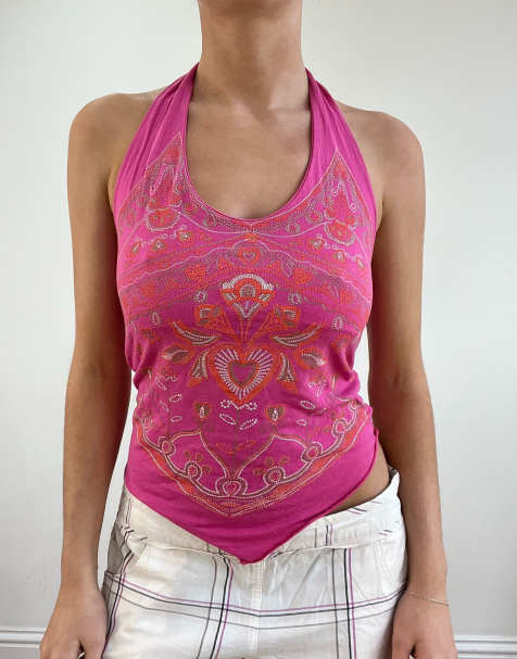 Vintage graphic print halterneck top in pink - view 1