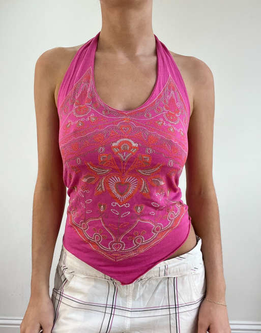 Vintage graphic print halterneck top in pink