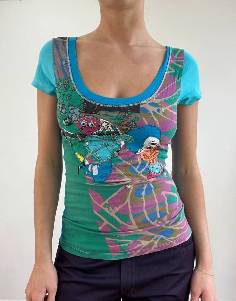 Vintage graphic print top in blue - view 1