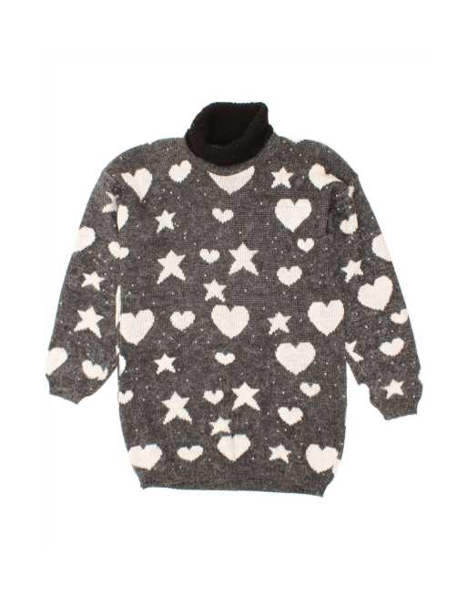 Vintage Graphic Roll Neck Jumper Sweater UK 14 Large In Grey Heart