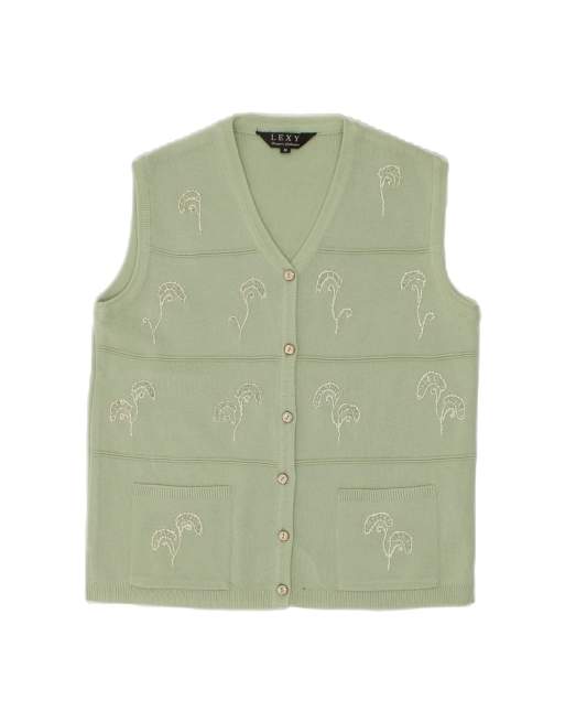 Vintage Graphic Sleeveless Cardigan Sweater UK 14 Medium In Green