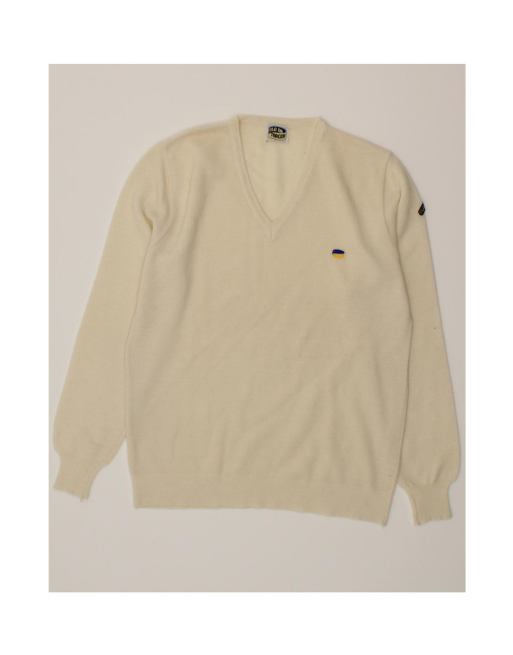 Vintage Graphic V-neck Jumper Sweater Medium In Off In White Wool