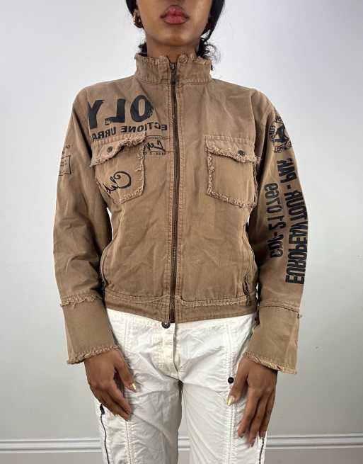 Vintage graphic zip up jacket in brown