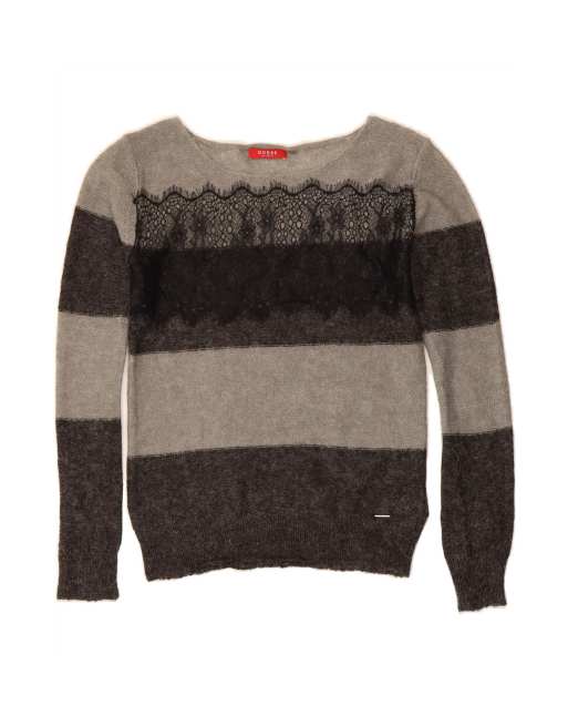 Vintage Guess Boat Neck Jumper Sweater UK 6 XS In Grey Striped