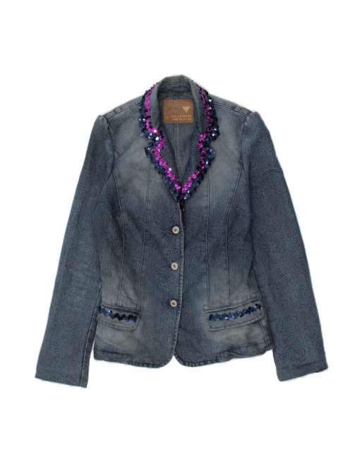 Vintage Guess Denim 3 Button Blazer Jacket UK 14 Large In Blue Floral