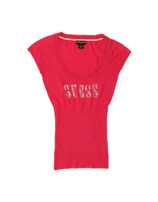 Vintage Guess Graphic Boat Neck Jumper Sweater UK 10 Small In Pink