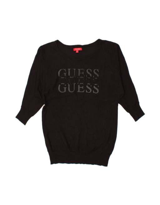 Vintage Guess Graphic Boat Neck Jumper Sweater UK 14 Large In Black